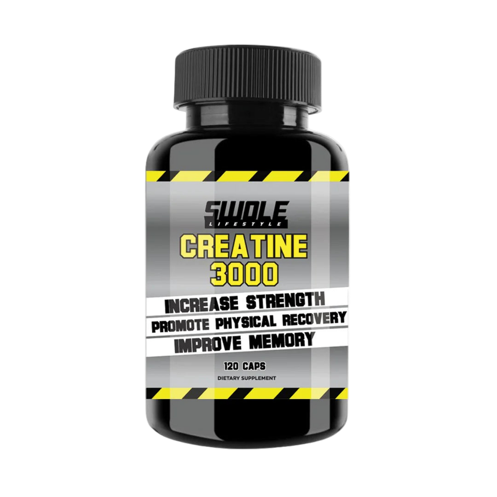 Supplement bottle labeled 'Creatine 3000' with black and yellow design on a white background