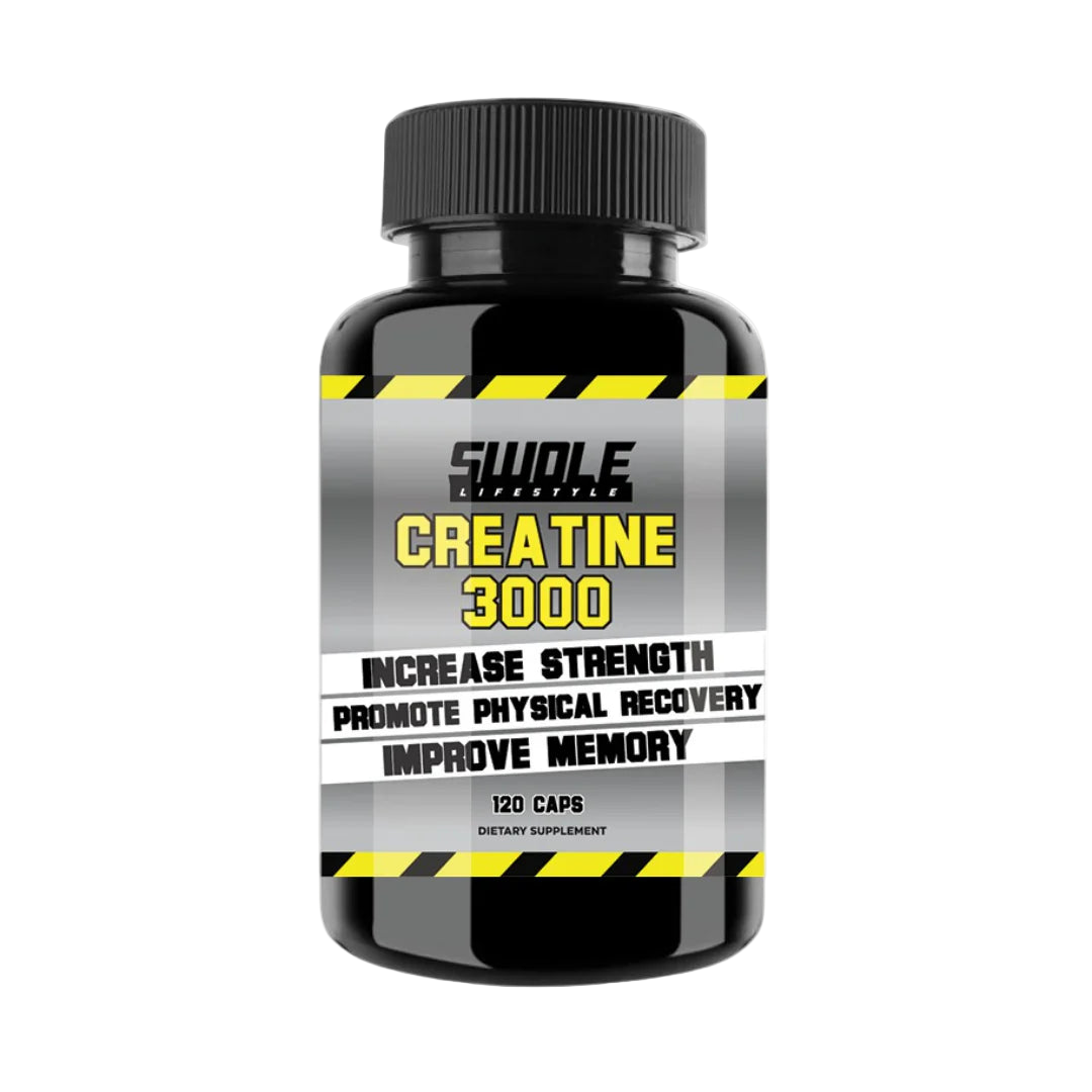 Supplement bottle labeled 'Creatine 3000' with black and yellow design on a white background