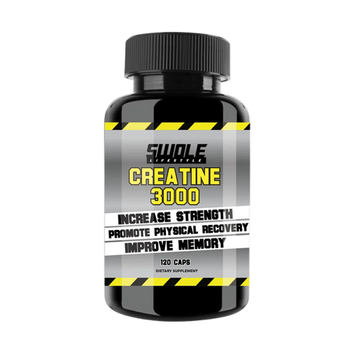 Supplement bottle labeled 'Creatine 3000' with black and yellow design on a white background