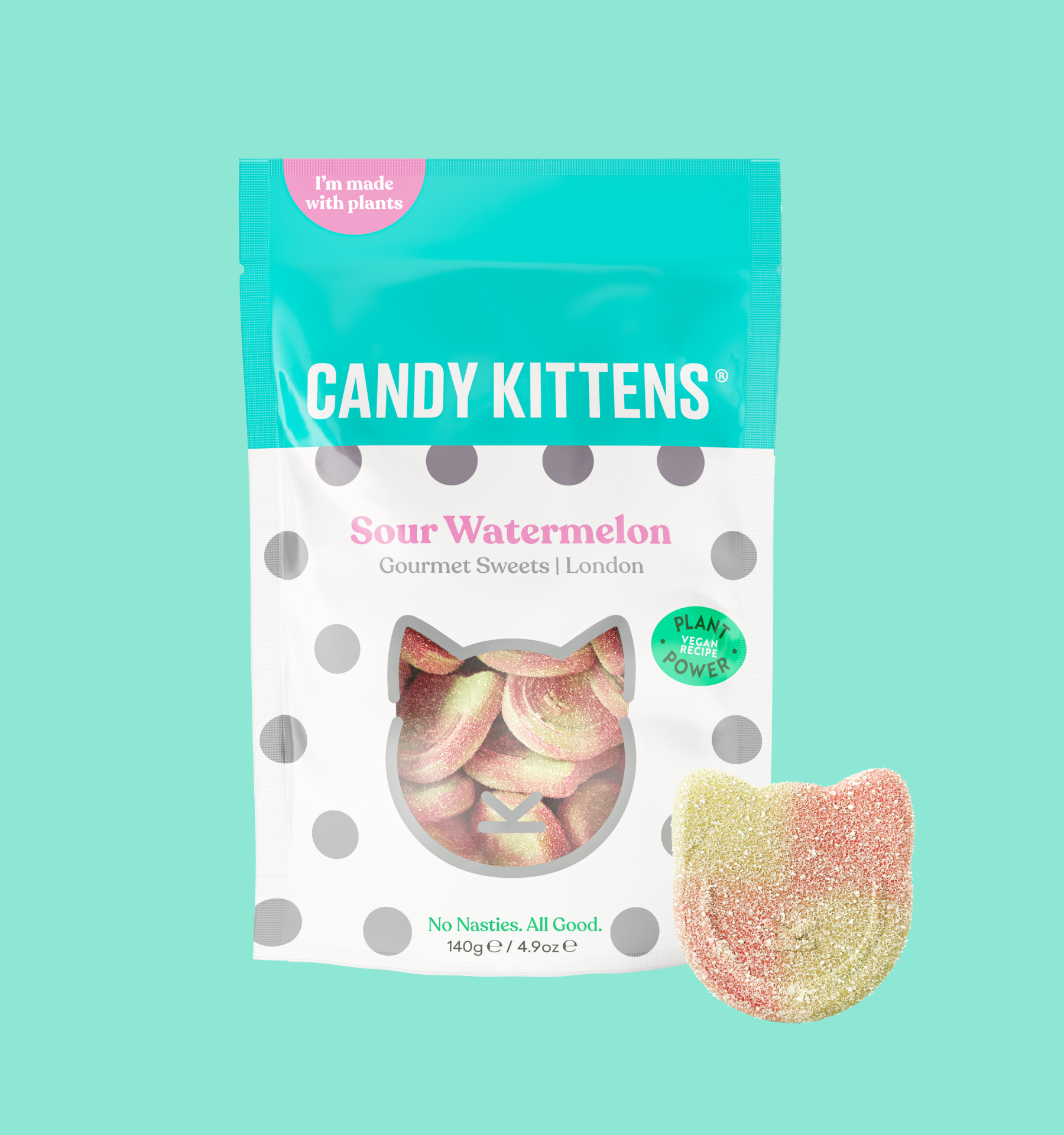 Candy Kittens Sour Watermelon pouch with cat-shaped candies in a clear window - Kittens 10x140g Wanderlust