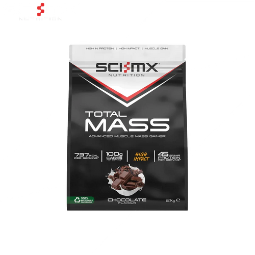 Black Sci-MX Total Mass muscle gainer bag with chocolate chunks and nutrition info