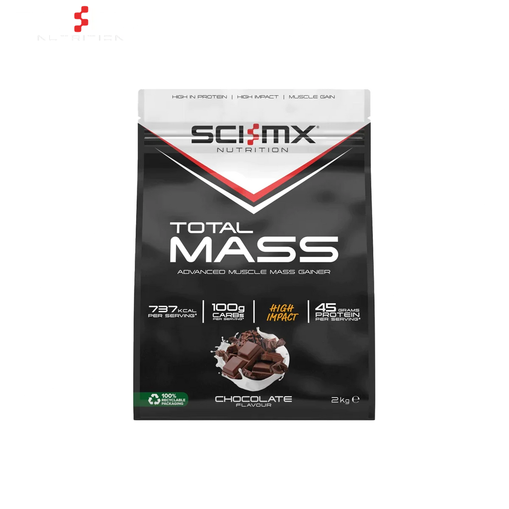 Bag of Sci-MX Total Mass chocolate-flavored muscle gain powder for bulk and size