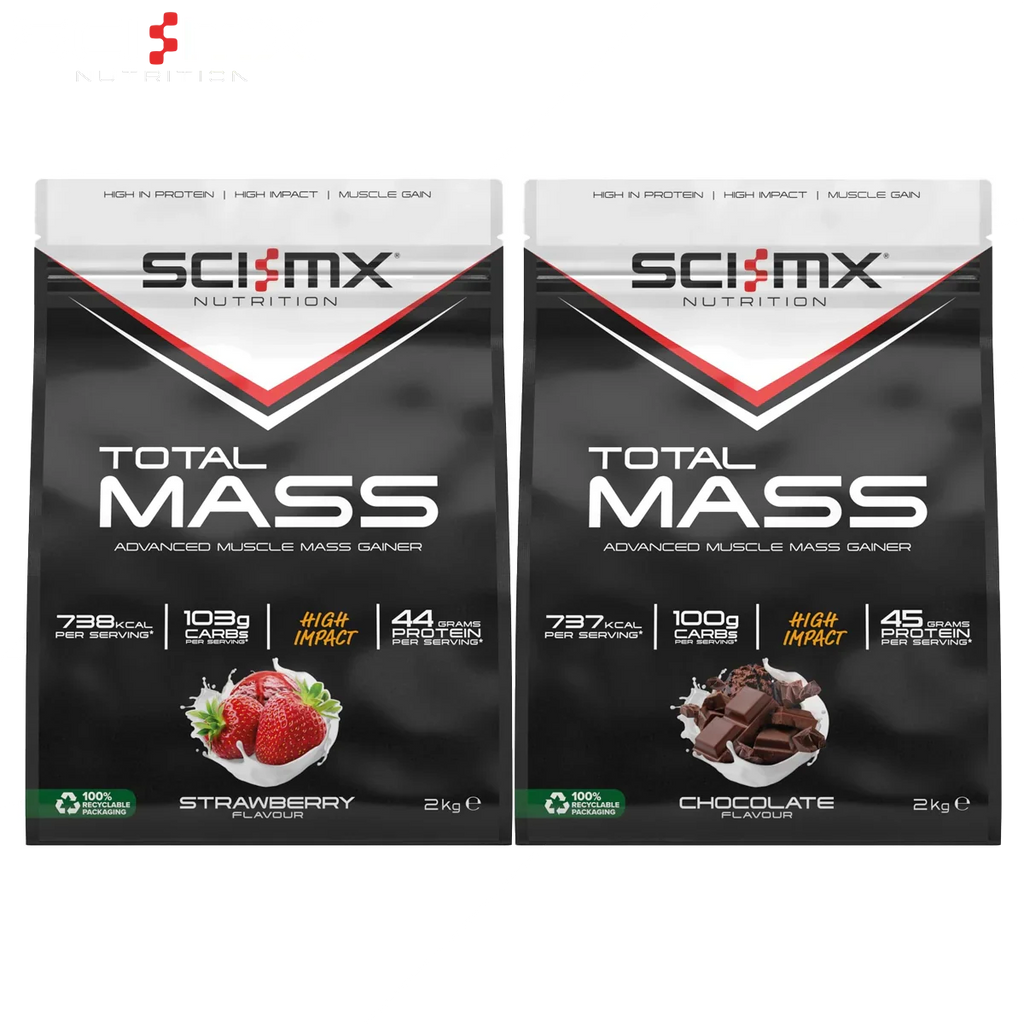 Two 2kg bags of SCI-MX Total Mass muscle gain gainer in strawberry and chocolate flavors