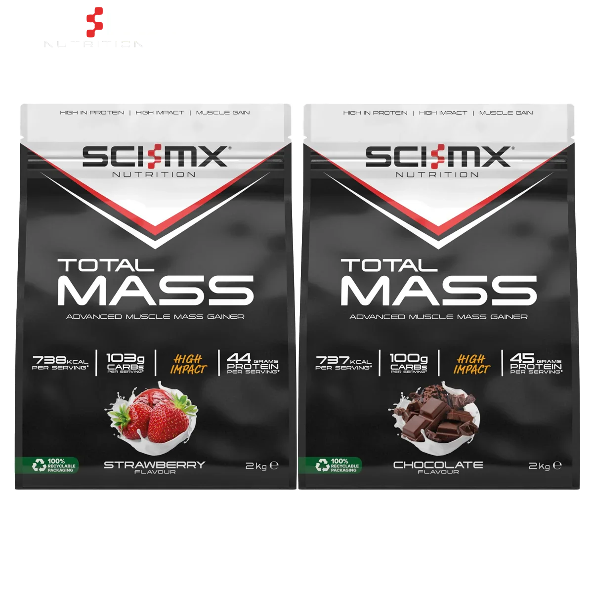 Two 2kg bags of SCI-MX Total Mass muscle gain gainer in strawberry and chocolate flavors