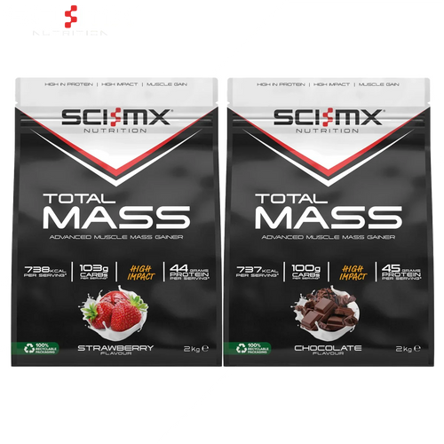 Two 2kg bags of SCI-MX Total Mass muscle gain gainer in strawberry and chocolate flavors