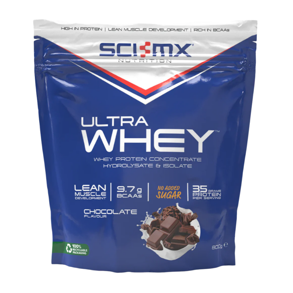 Bag of SCI-MX Ultra Whey chocolate flavored protein powder for lean muscle gains