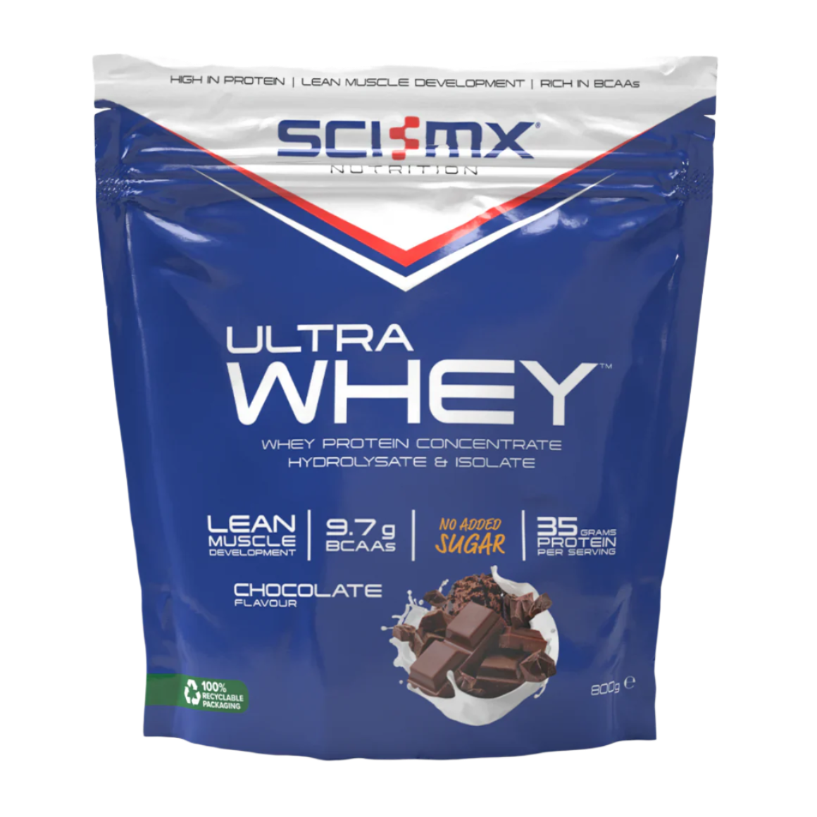 Bag of SCI-MX Ultra Whey chocolate flavored protein powder for lean muscle gains