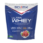 Pouch of strawberry-flavored SCI-MX Ultra Whey protein powder for muscle boost