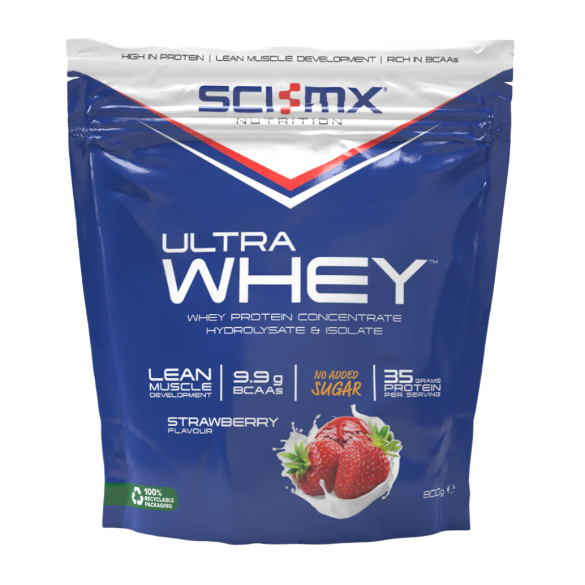 Pouch of strawberry-flavored SCI-MX Ultra Whey protein powder for muscle boost