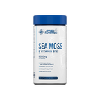 Supplement bottle labeled 'Sea Moss & Vitamin B12' by Applied Nutrition on a white background