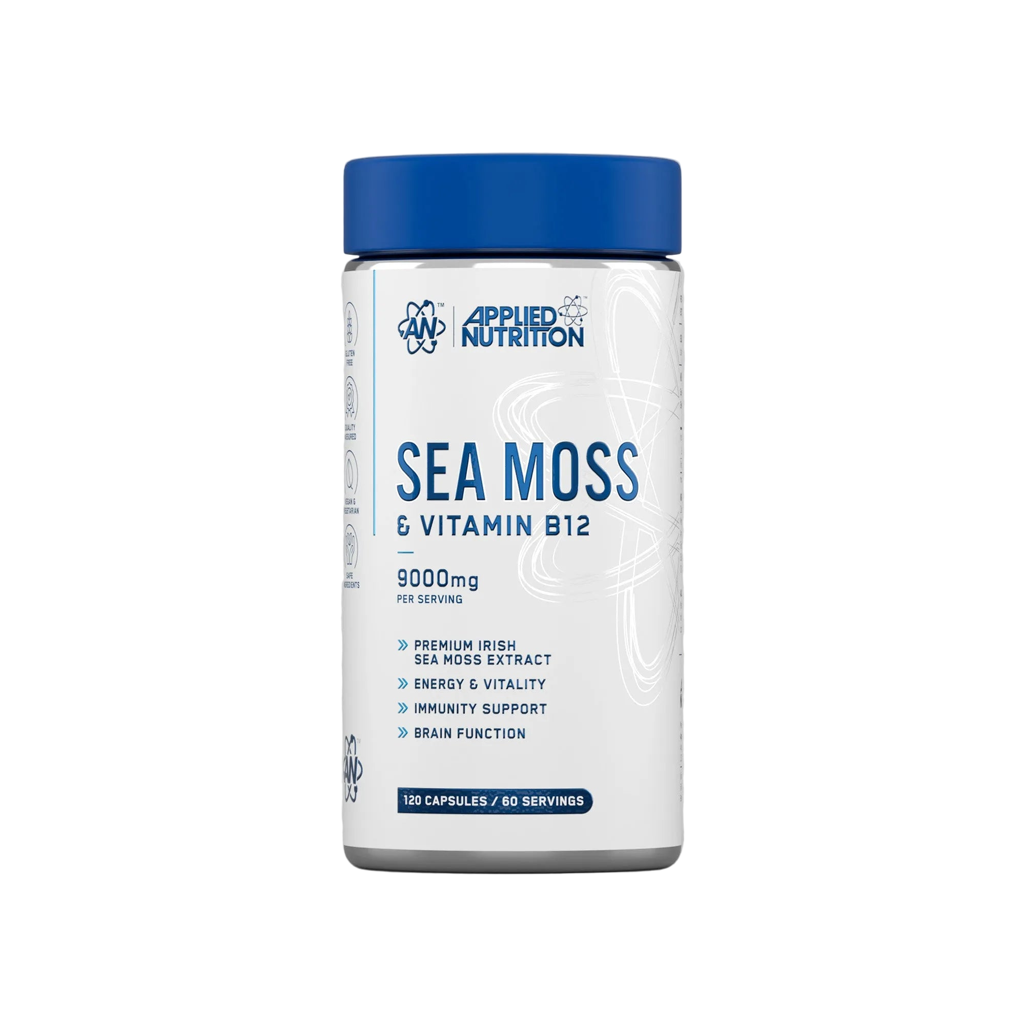 Supplement bottle labeled 'Sea Moss & Vitamin B12' by Applied Nutrition on a white background