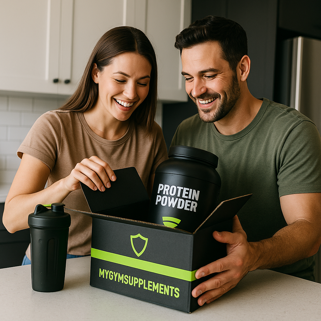 MyGymSupplements Shipping Protection black box with protein powder tub and shaker bottle
