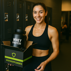 Woman holding whey protein box with MyGymSupplements Shipping Protection for damaged items