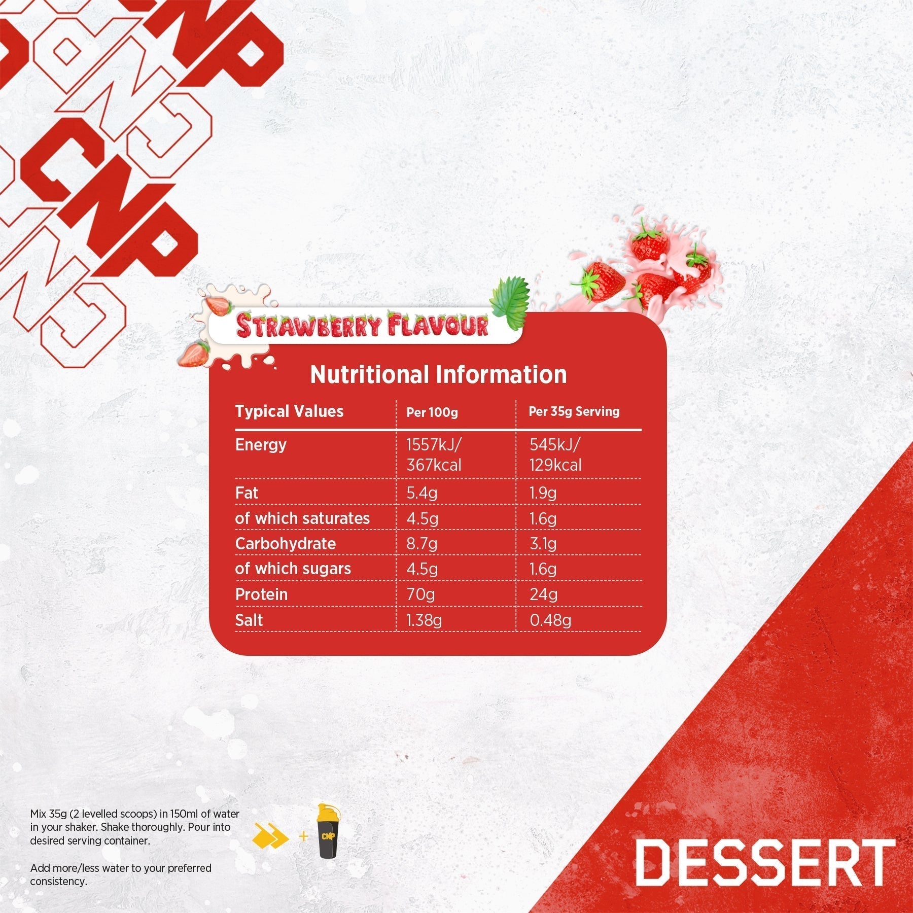 CNP Professional Dessert label with nutritional info for guilt-free strawberry treat with digestive enzymes