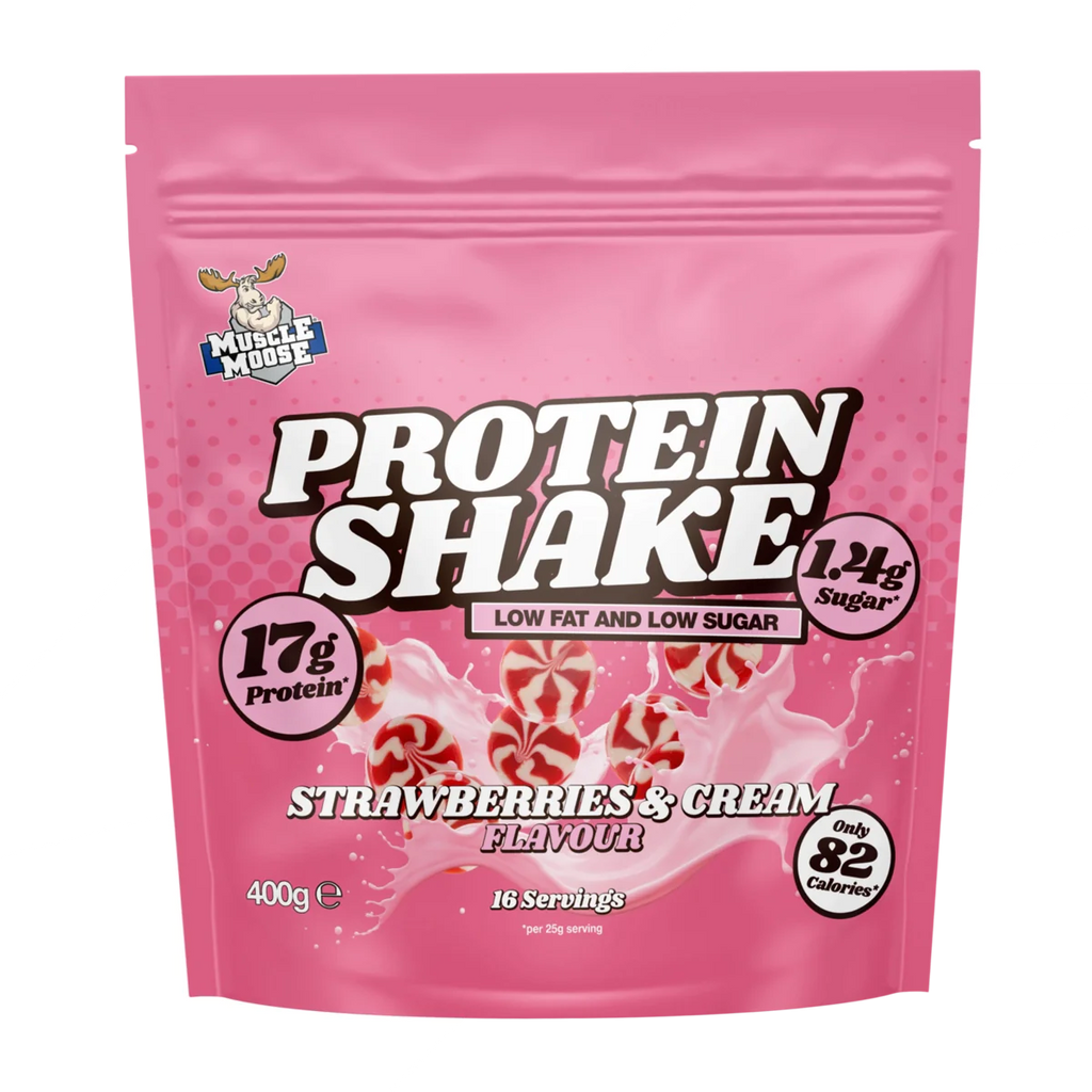 Pink Muscle Moose Protein Shake pouch with strawberries and cream flavor for muscle recovery