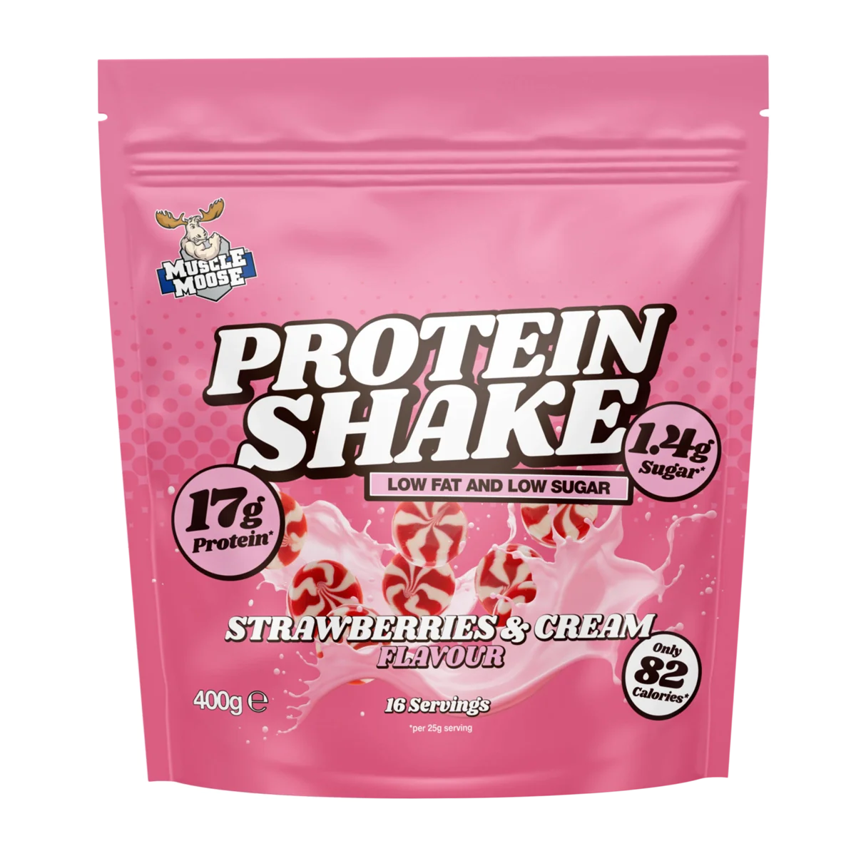 Pink Muscle Moose Protein Shake pouch with strawberries and cream flavor for muscle recovery