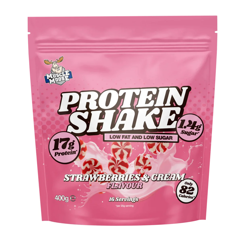 Pink Muscle Moose Protein Shake pouch with Strawberries & Cream flavor for muscle recovery