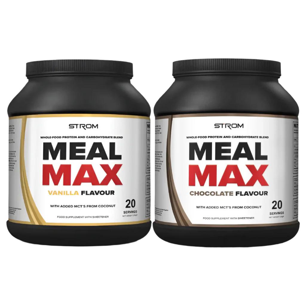 Strom Sports MealMAX premium protein tubs vanilla and chocolate for quick digestion