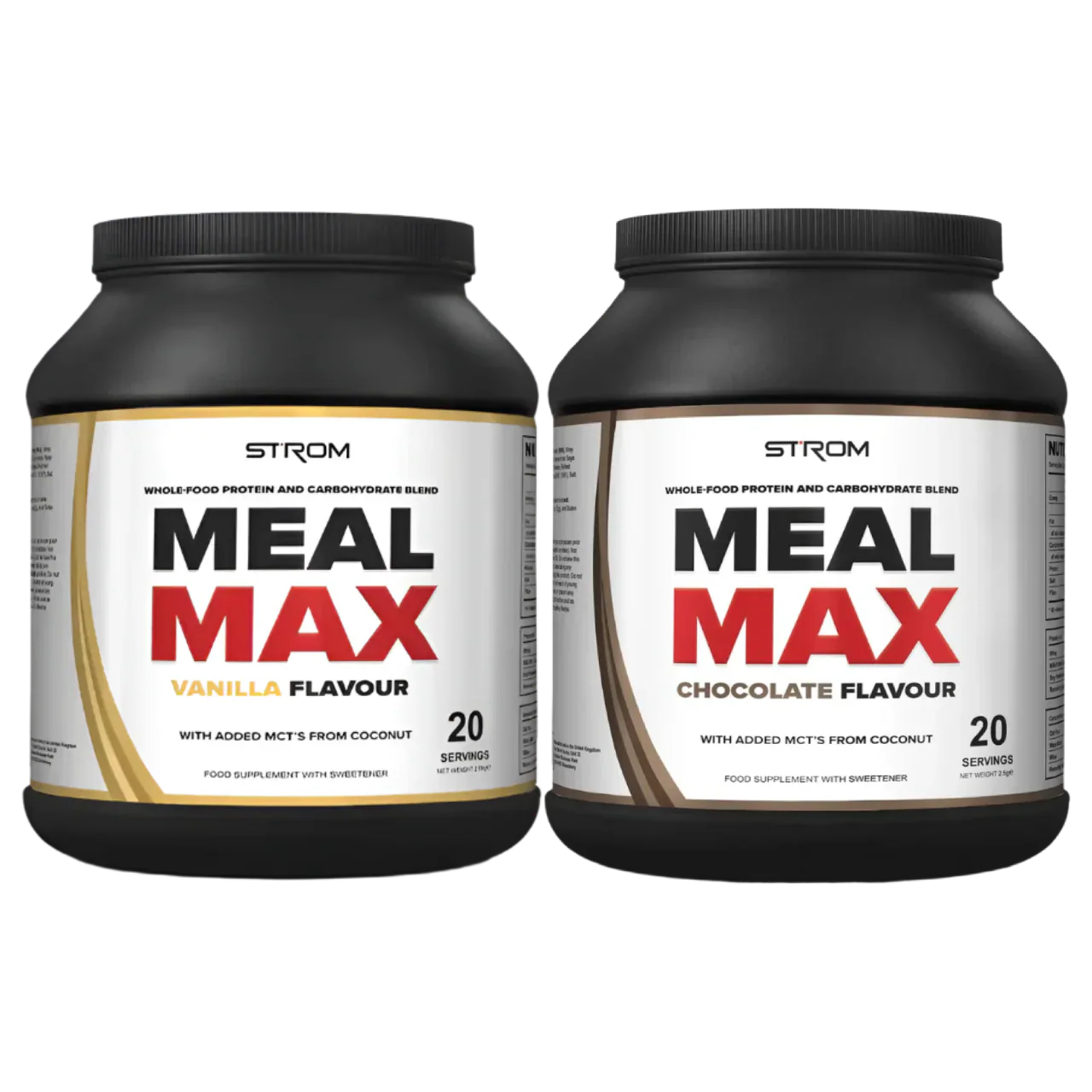 Strom Sports MealMAX premium protein tubs vanilla and chocolate for quick digestion