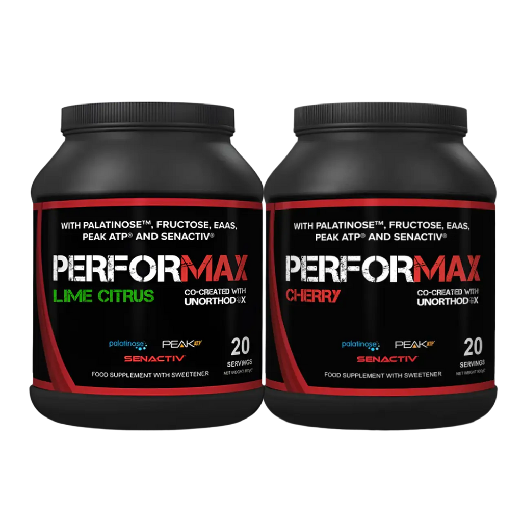 Strom Sports PerforMAX black jars with lime citrus and cherry flavors, carefully sourced supplements