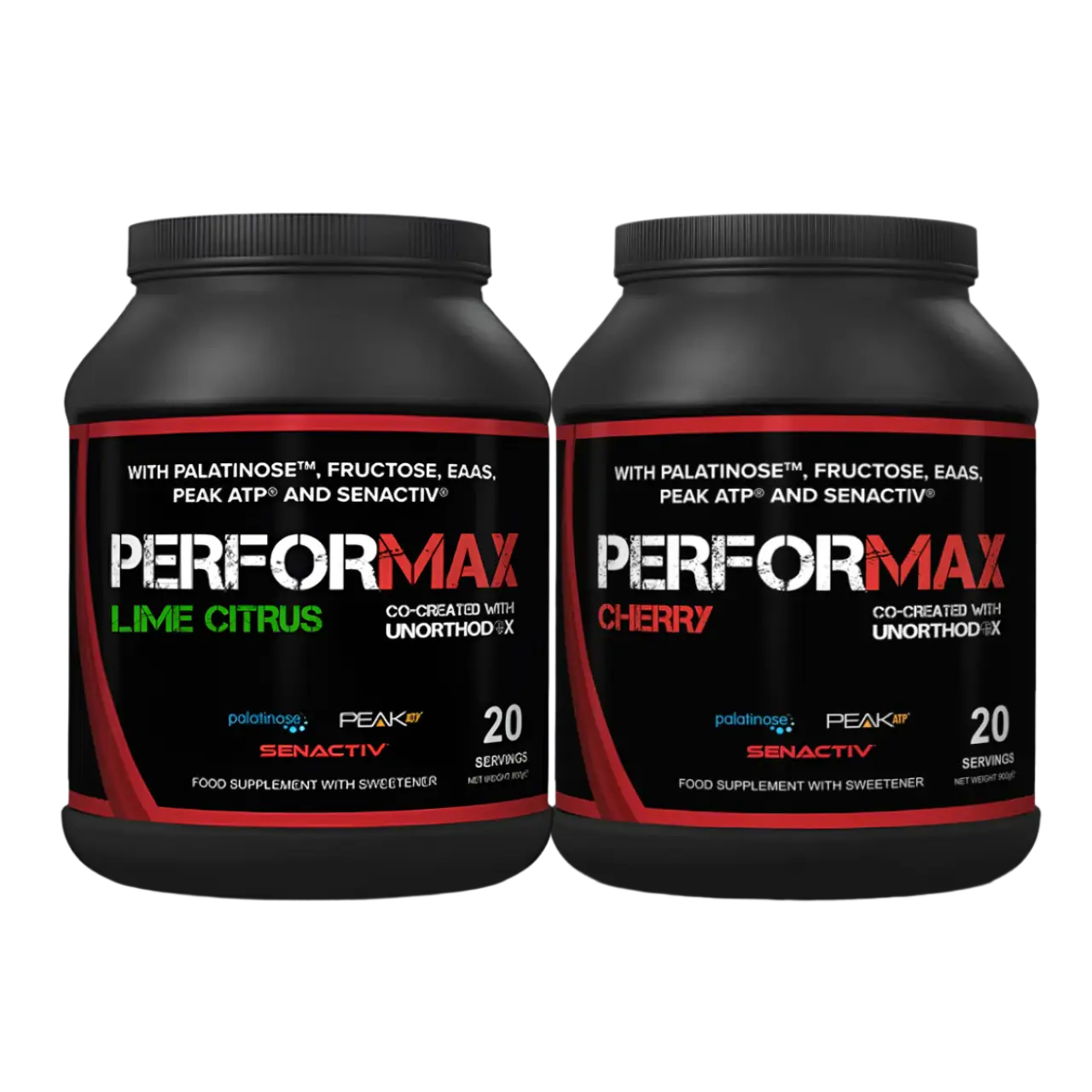Strom Sports PerforMAX black jars with lime citrus and cherry flavors, carefully sourced supplements
