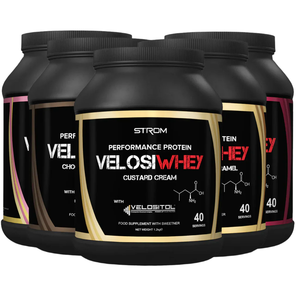 Protein powder containers in various flavors from Strom Sports VelosiWhey for your workout boost
