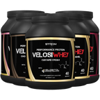 Protein powder containers in various flavors from Strom Sports VelosiWhey for your workout boost