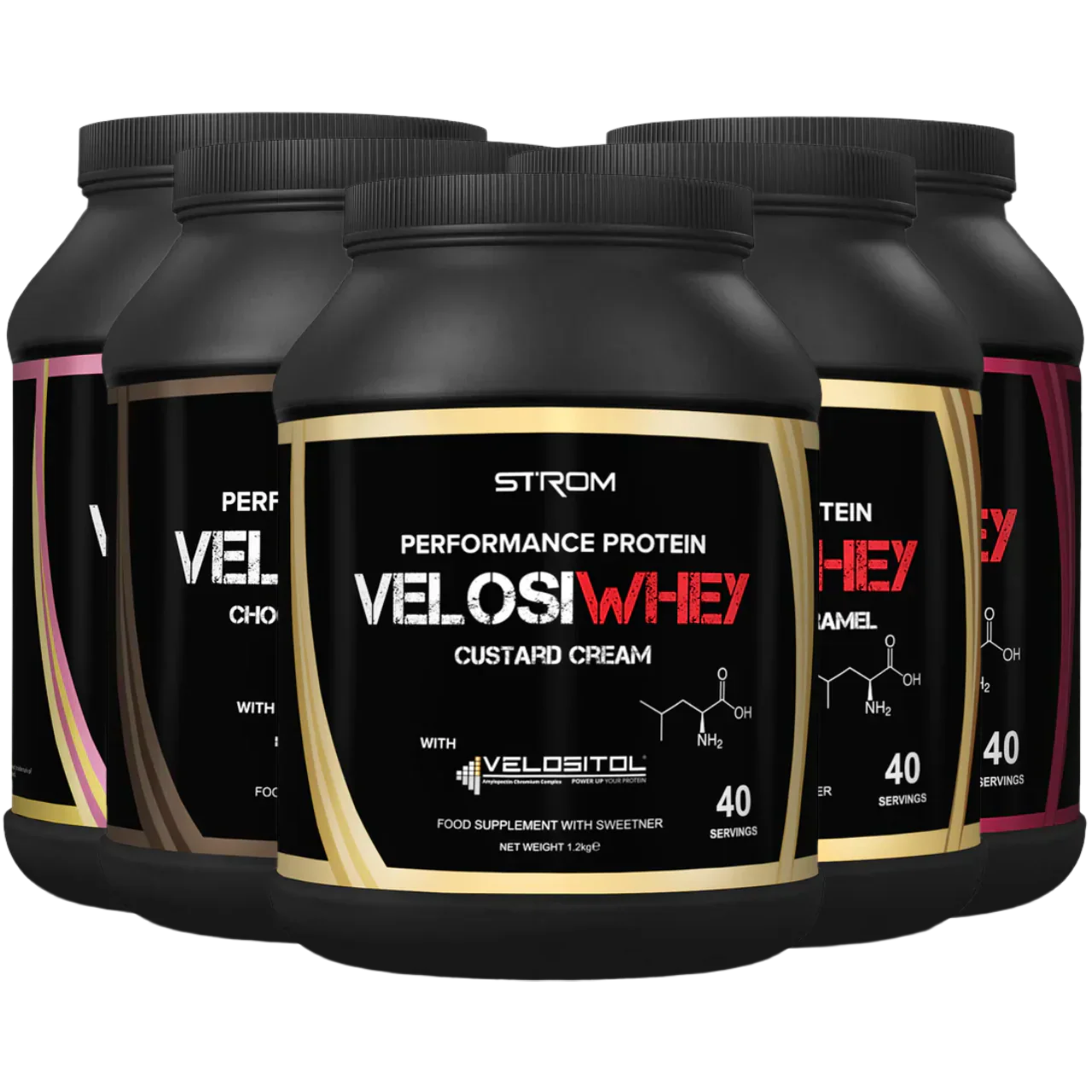 Protein powder containers in various flavors from Strom Sports VelosiWhey for your workout boost