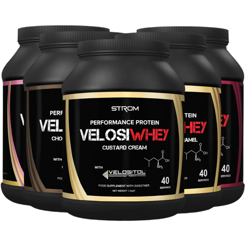 Protein powder containers in various flavors from Strom Sports VelosiWhey for your workout boost