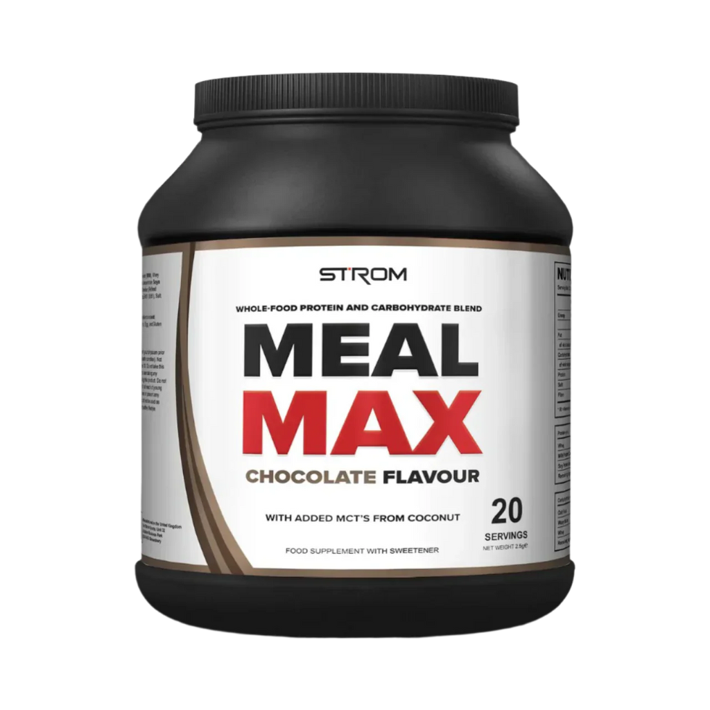 Strom Sports MealMAX chocolate-flavored premium protein for quick digestion in black tub