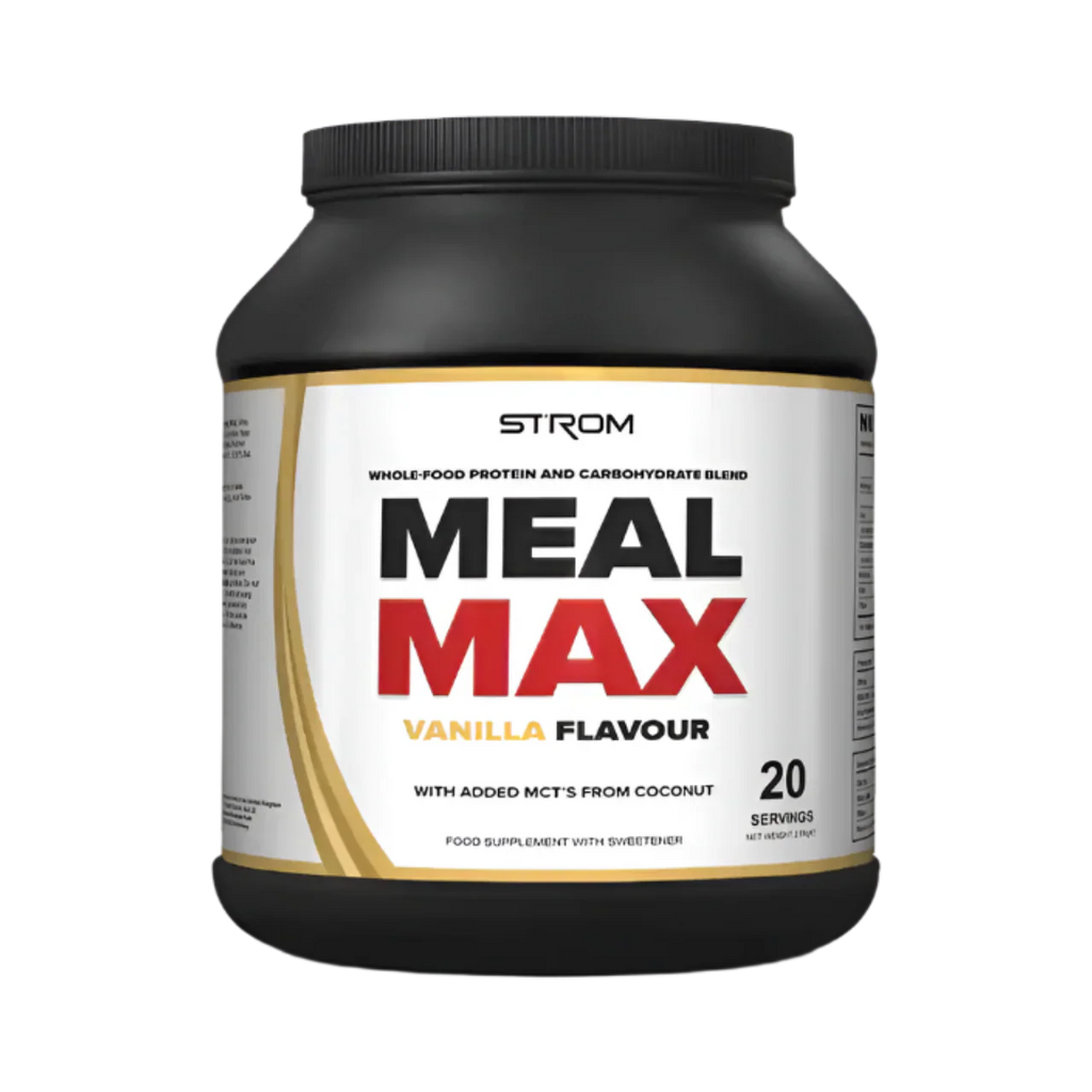Black Strom Sports MealMAX tub with vanilla-flavored premium protein for quick digestion