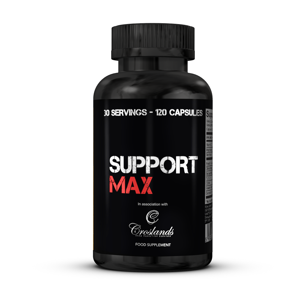 Black plastic bottle of Strom Sports SupportMAX athletic supplementation capsules for supportmax on-cycle