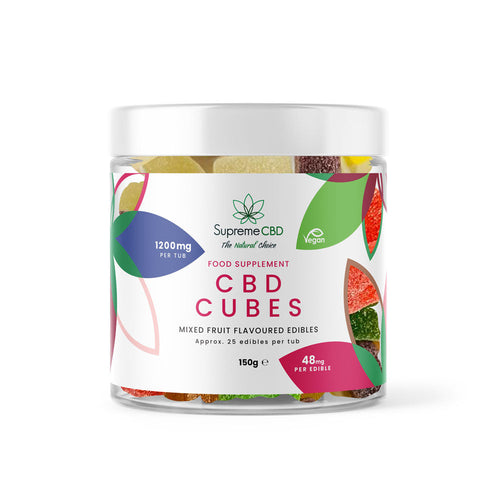 Clear plastic tub of mixed fruit-flavored CBD gummies large tub with super strength CBD