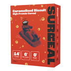 Red box of Surreal Protein Cereal with a smiling character on a sled, perfect for breakfast