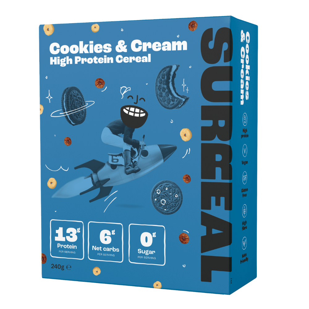 SURREAL Protein Cereal Cookies & Cream box with 13g protein and 0g sugar