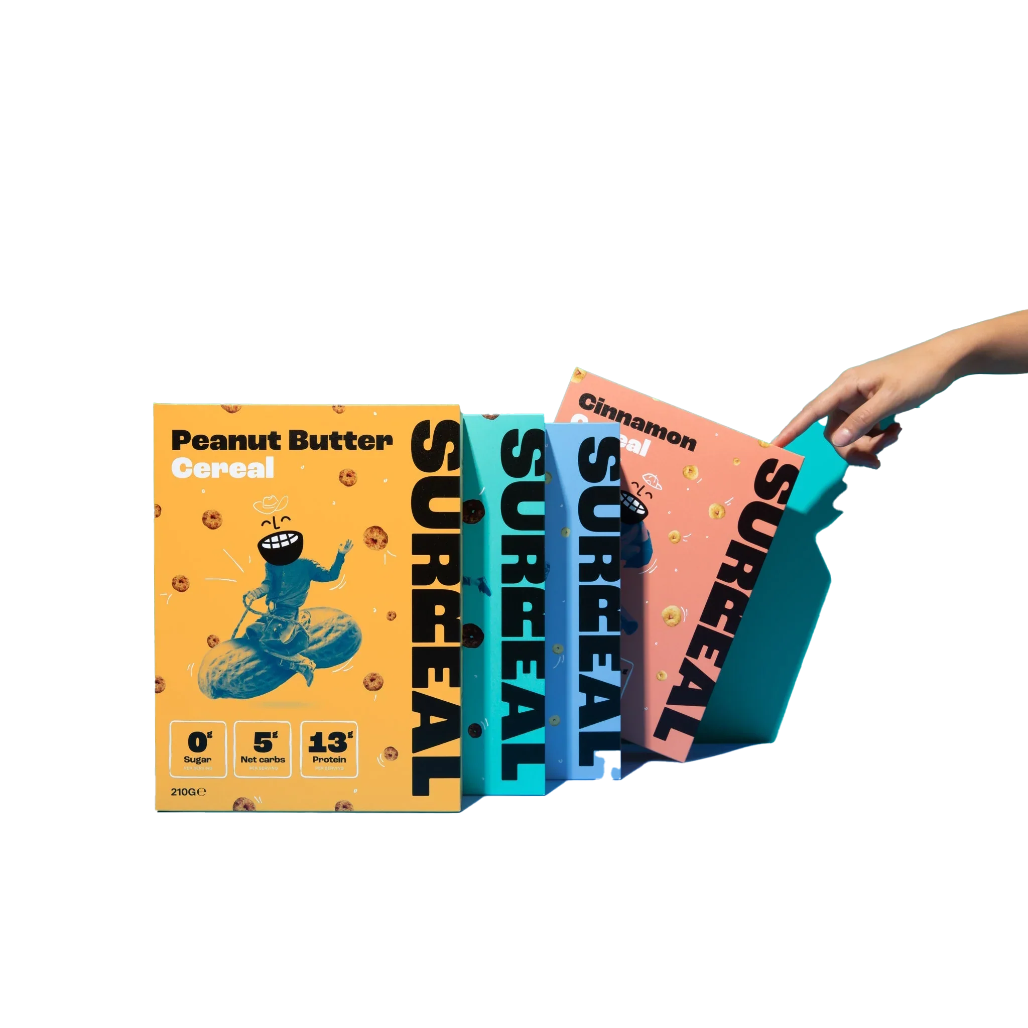 Four colorful Surreal Protein Cereal boxes with a hand pulling one for a tasty breakfast