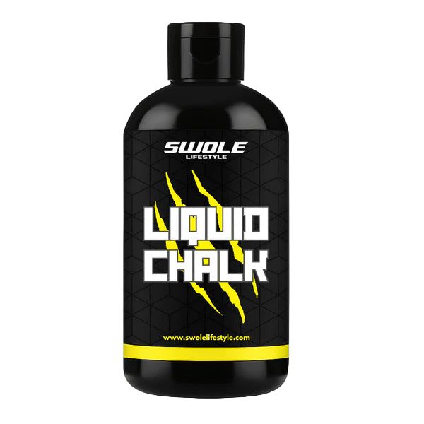 Black bottle of SWOLE Lifestyle Liquid Chalk with yellow accents on a white background