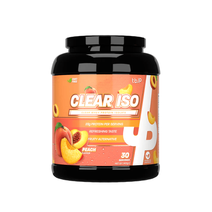 Peach-flavored Trained By JP Clear ISO whey protein tub with clear whey isolate
