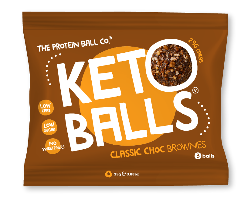 Brown package of Keto Balls Classic Choc Brownies from The Protein Ball Co keto balls snack