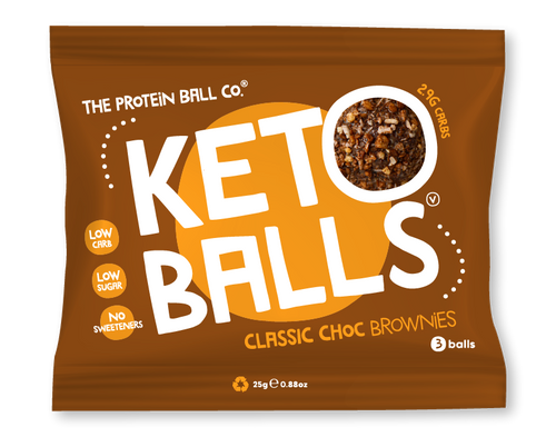Brown package of Keto Balls Classic Choc Brownies from The Protein Ball Co keto balls snack