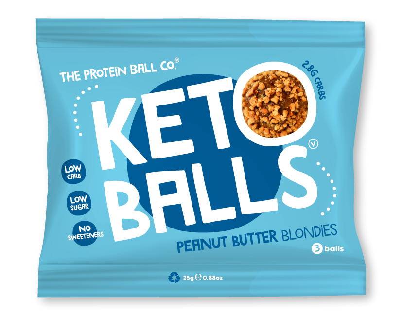 Sealed pouch of The Protein Ball Co Keto Balls peanut butter snack with 3 protein balls