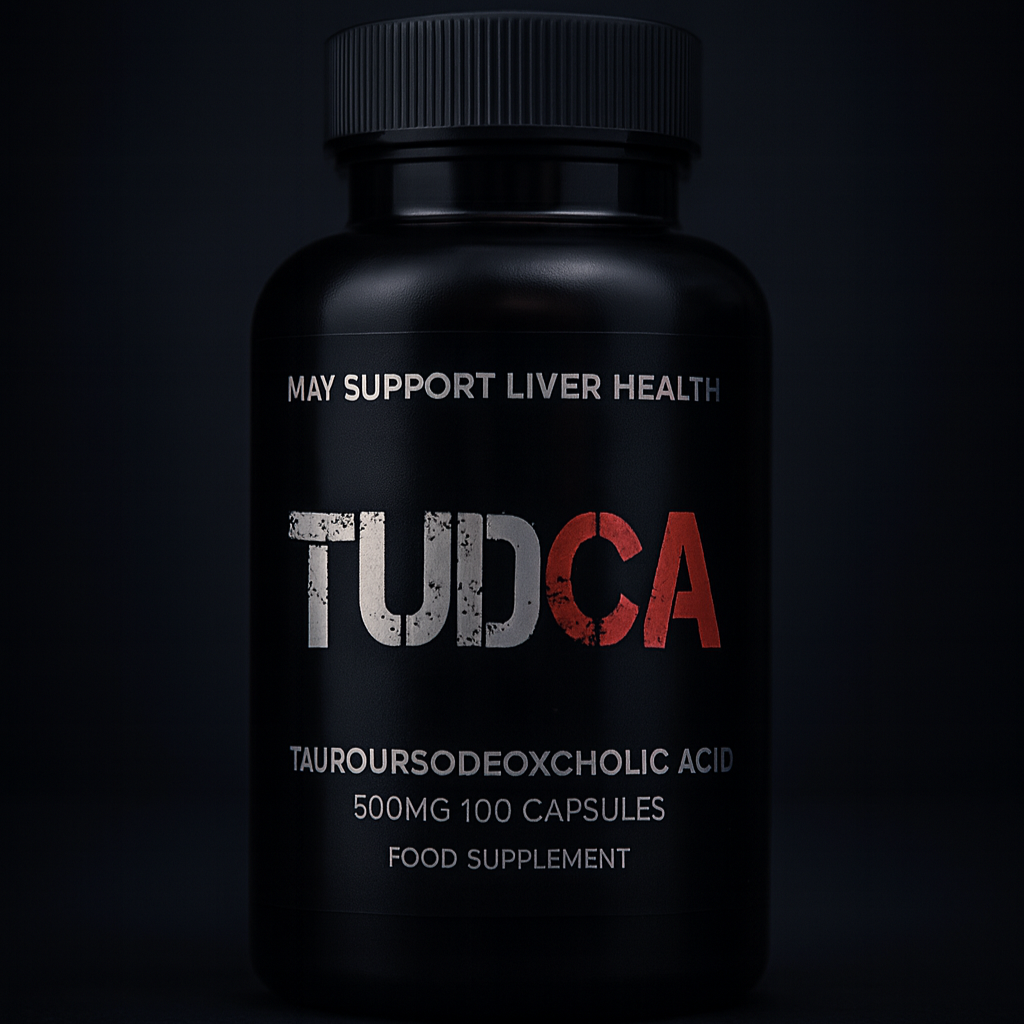 Black supplement bottle labeled 'TUDCA' on a dark background