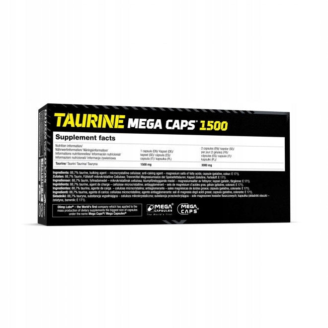 Black box of Olimp Sport Nutrition Taurine Mega Caps 1500 with 120 capsules for sport nutrition taurine