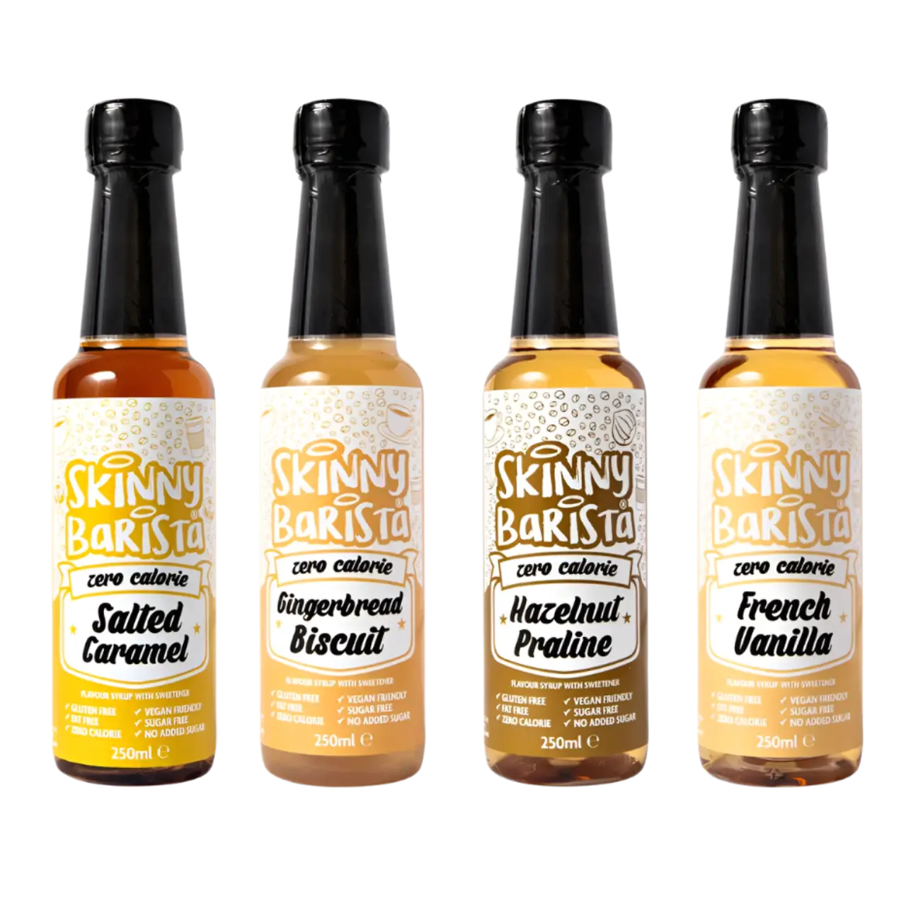 Four bottles of The Skinny Food Co sugar free coffee syrup with buttery caramel flavor