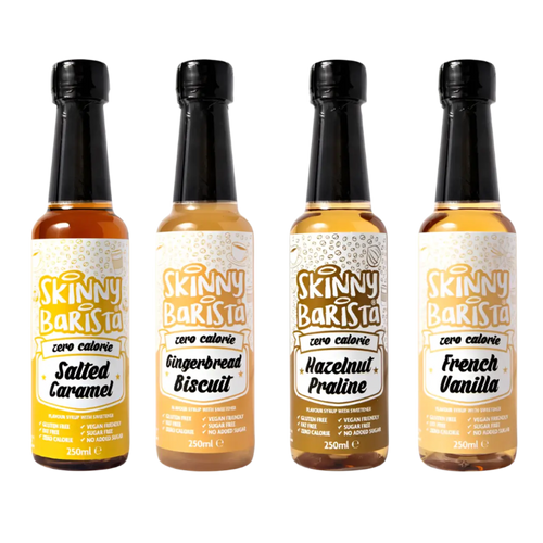Four bottles of The Skinny Food Co sugar free coffee syrup with buttery caramel flavor