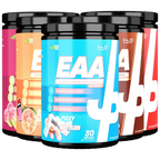 Colorful tubs of Trained By JP EAA for boosting protein and essential nutrients