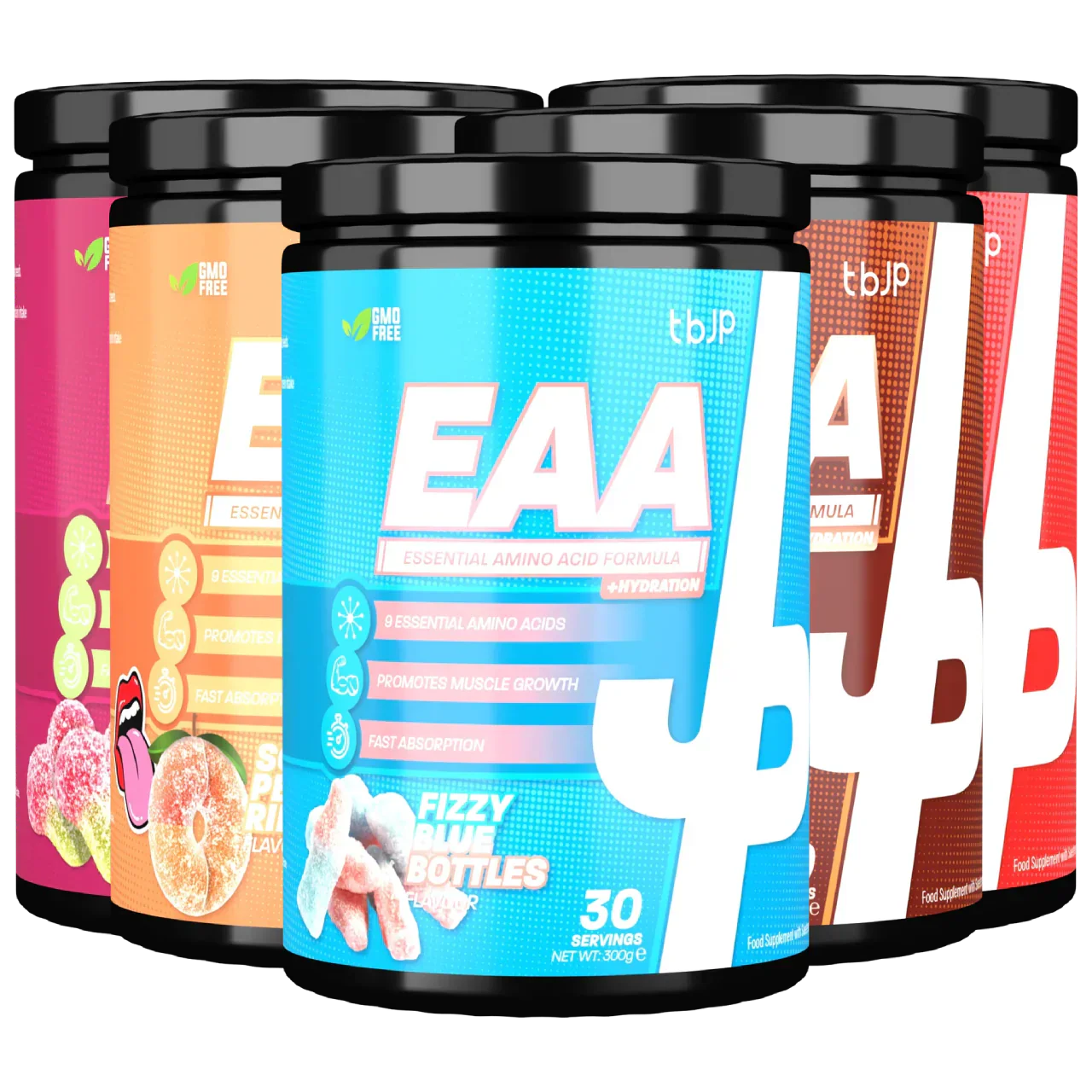 Colorful tubs of Trained By JP EAA for boosting protein and essential nutrients