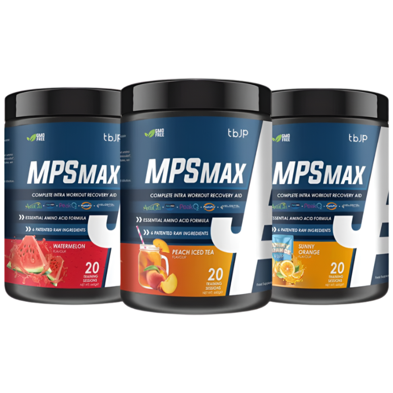 Trained By JP MPS Max peri workout amino jars in watermelon, peach iced tea, orange flavors