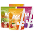 Trained By JP EAA supplement pouches with strawberry & kiwi, orange & mango, berry blast for boost protein and complete amino acids