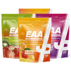 Trained By JP EAA supplement pouches with strawberry & kiwi, orange & mango, berry blast for boost protein and complete amino acids